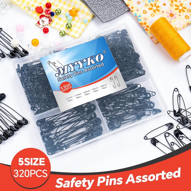 MYYKO 320 قطعة دبابيس أمان سوداء متنوعة، 5 أحجام مختلفة من دبابيس الأمان الكبيرة والصغيرة للملابس، دبابيس للفنون، الحرف، الخياطة وصنع المجوهرات - Image 4